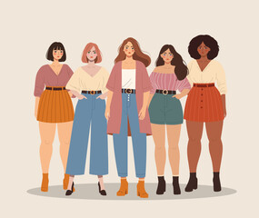Fototapeta premium Five women with diverse skin tones, symbolizing unity and cultural richness. Ideal for diversity-themed designs. Women of different races, body types, hairstyles. Women wears contemporary clothing. 