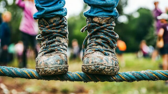 Child balancing on a rope with muddy shoes during outdoor adventure activity with friends