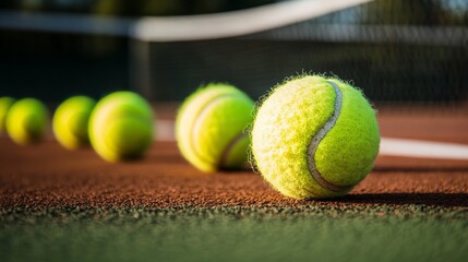 Bright green tennis balls lying on a clean court surface under natural light, representing professional sports training, active lifestyle, fitness routine, and match preparation concept




