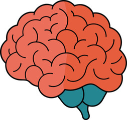 Stylized Red Brain with Teal Stem Vector Illustration, A vibrant vector illustration of a stylized red brain with a smooth design and teal stem, symbolizing intellectual thought and creativity.
