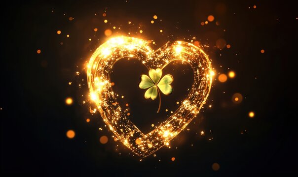 Golden sparkling heart with four-leaf clover symbolizing luck and love