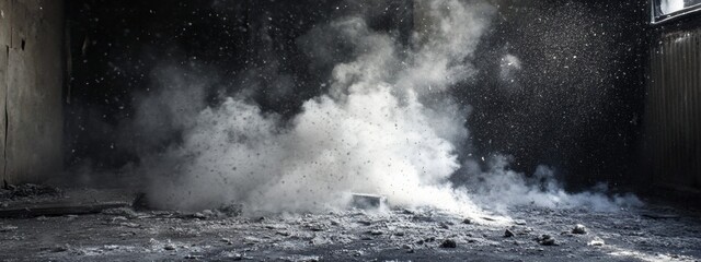 Aftermath of fire, interior space filled with grey soot particles and fine white drifting dust looking like it's floating in the air