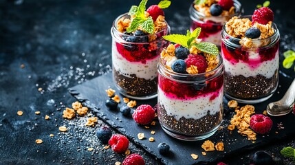 Colorful Berry Parfait with Chia Seeds in a Glass: A Nutritious and Delicious Layered Treat for a Healthy Lifestyle