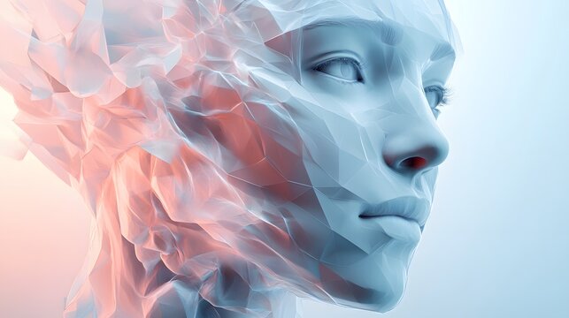 Abstract three dimensional human head sculpture in blue light