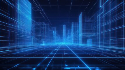 Futuristic city perspective, digital street, abstract urban scene, background illustration, 3D render, use in tech articles, posters, presentations