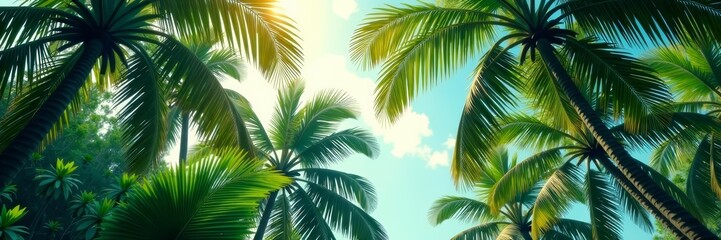 Tropical leaves and palm trees creating a vibrant pattern, jungle, pattern