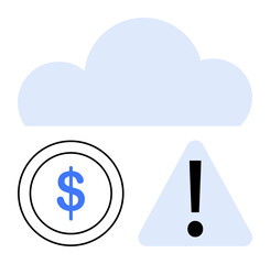 Cloud, dollar icon, and warning sign portray online risks, financial caution, and cloud-based data alerts. Ideal for security, finance, online safety, technology risk management cloud services