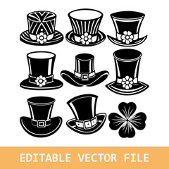 Patrick's day leprechaun hat silhouette vector. Irish Elf hat silhouette set. 