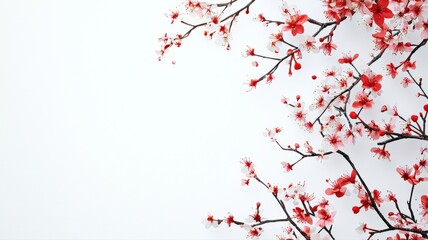 Clean white background with delicate red cherry blossoms and subtle golden accents, elegant and minimal, perfect for seasonal designs, greeting cards, banners, and cultural illustrations.