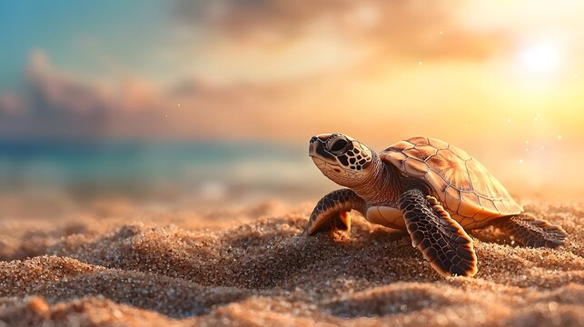 A newly hatched green sea turtle hatchling makes its way across the sand towards the vast ocean at sunrise embarking on a perilous journey as it joins the natural cycle of marine life