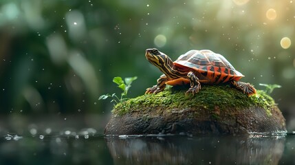 Vibrant Red Eared Slider Turtle Basking on a Rock in a Tranquil Pond Its Bright Red Markings Contrasting Beautifully with the Green Shell and Calm Water Reflection