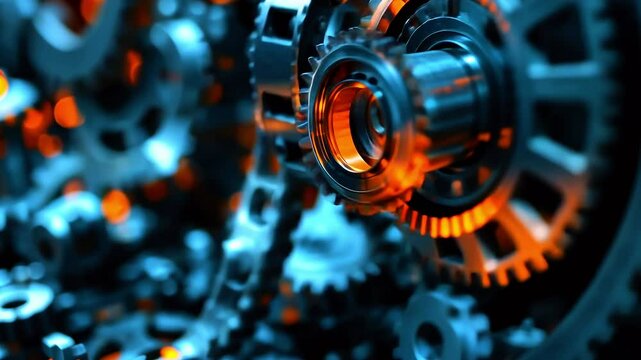 Close-up of intricate metallic gears interlocking with blue and orange lighting, showcasing mechanical precision