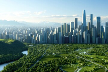 Obraz premium A bird's-eye view of an eco-friendly city featuring green spaces, solar panels, and sustainable architecture.