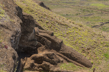 Moai statues in the Rano Raraku Volcano in Easter Island, Rapa Nui National Park, Chile