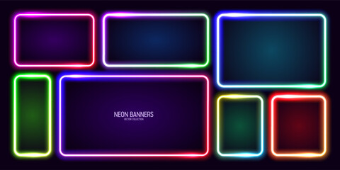 Colorful glowing neon banners, illuminated square frames. Shiny vibrant border, glow effect. Purple vintage retro lights, night illumination. Modern futuristic UI design elements. Vector illustration