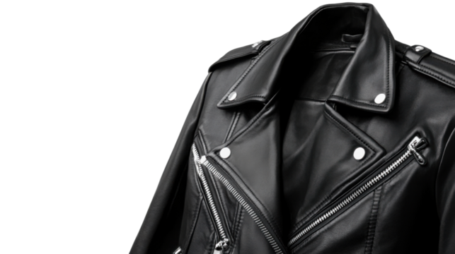 Black leather biker jacket with zippers and silver buttons on transparent background