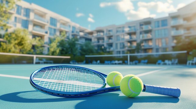 Panoramic view of outdoor clay tennis court with two bright yellow tennis balls and blue racket placed near service line on a sunny summer day, capturing readiness for a competitive sports match