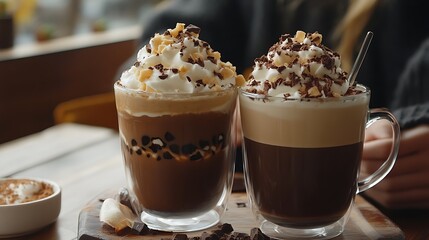 Hot chocolate and coffee with whipped cream sprinkled with chocolate crumbs