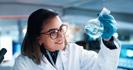 Chemical, woman and scientist with glass in laboratory for pharmaceutical experiment, research or...