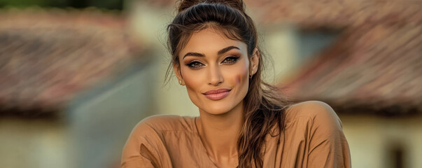Woman with elegant hairstyle poses outdoors in a charming location during golden hour lighting
