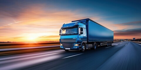 Blue truck driving on highway at sunset with vibrant sky and motion blur