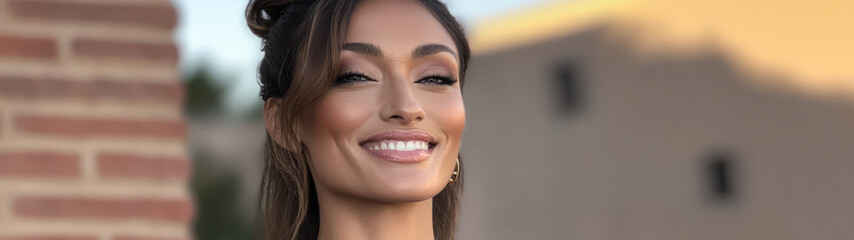 Obraz premium Beautiful woman smiling outdoors during golden hour with soft sunlight illuminating her features