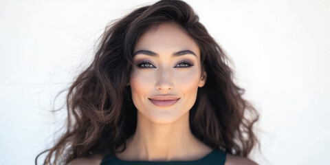 Naklejka premium Smiling woman with long wavy hair posing confidently against a light backdrop