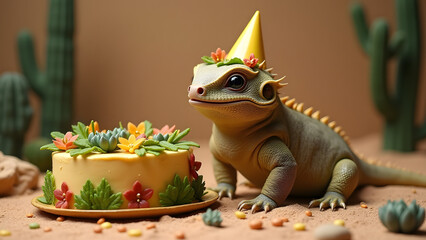 Fototapeta premium An Egyptian uromastyx in a party hat celebrates a desert-themed birthday with a leafy cake, succulents, and sandy textures in a cheerful, festive setting.