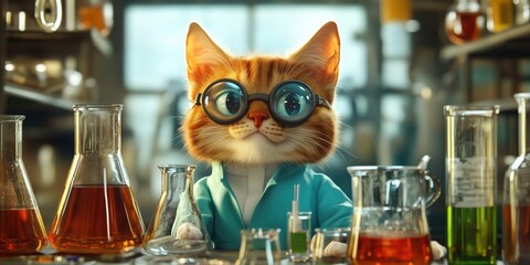 Cat in lab coat and glasses conducting experiments in a colorful laboratory