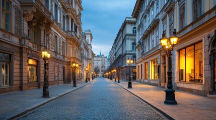Fototapeta premium Serene Evening Streetscape with Vintage Lamp Posts and Elegant Architecture Under Soft Blue Sky