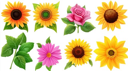 Bright flower clipart featuring sunflowers daisies roses vivid petal details lush green leaves and a cheerful composition for spring themed designs