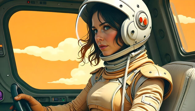 A tanned skin woman , 25 years old with orange hair, wearing a orange astronaut helmet and a orange suit