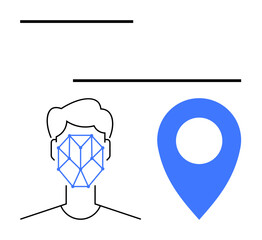 Human face with geometric facial recognition pattern beside location pin. Ideal for technology, security, biometric authentication, geolocation, artificial intelligence, identity, digital