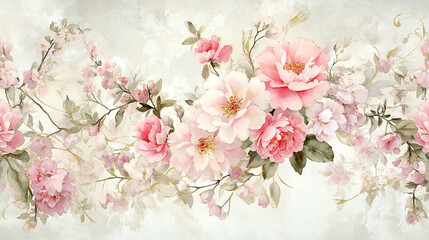 Vibrant Pink Rose And Cherry Blossoms on Soft Background Image, A Delicate Floral Image Perfect for Wedding Invitations, Greeting Cards, Soft pink peonies bloom against a gentle watercolor background.