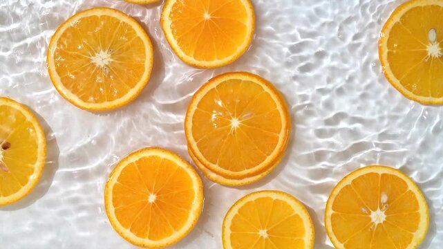 Close up video of mandarin slices surrounded by water ripples. White background with half oranges placed on water waves.