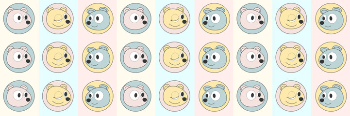 Cute seamless pattern with bear faces in pastel colors. Characters in round frames express different emotions