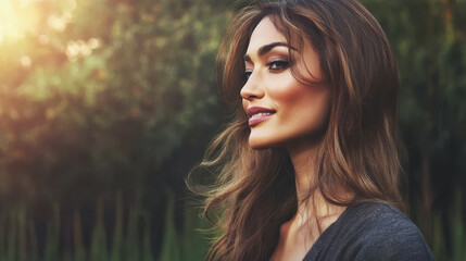 Naklejka premium Woman with long hair enjoys golden hour in a lush green garden while breaking into a gentle smile