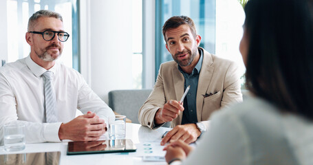 Report, budget discussion or business people in meeting for teamwork, investment profit or...