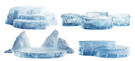 Set of ice podiums, isolated on transparent cutout background