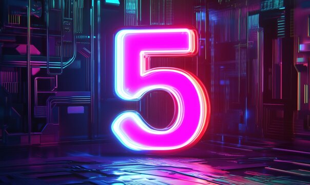 Neon glowing number 5 in futuristic digital environment with vibrant colors and patterns