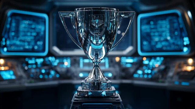 A gleaming trophy stands in a high-tech cockpit with blue lights.
