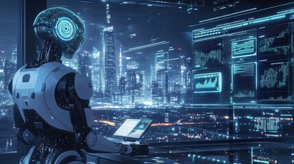Futuristic Robot Analyzing Data Against Vibrant Night Cityscape Featuring Advanced Technology Interface Design And Modern Analytics System With Urban City Lights And Neon Lights Against Night View Of