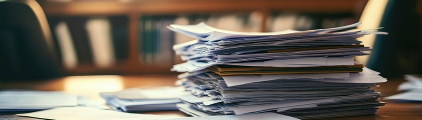 A close-up of a lawmaker's office featuring a stack of documents and a pen on a polished wooden desk.