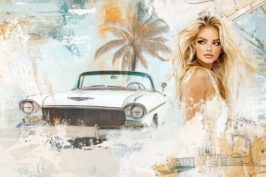 Fototapeta Vintage car by palm trees with a stylish woman enjoying a sunny day at the beach