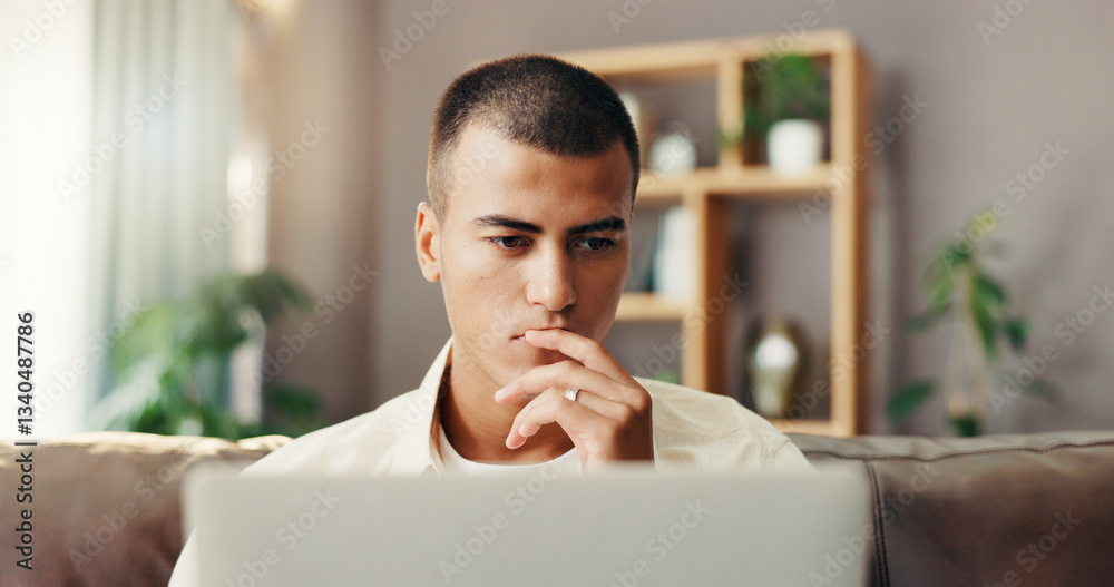 Fototapete thinking, student and man on sofa with laptop for online research, studying and elearning for colleg