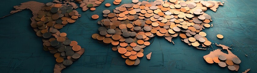 world map creatively covered with various coins, symbolizing global economy and finance. coins are spread across continents, highlighting international trade and monetary connections