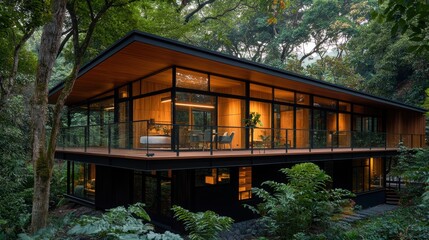 Fototapeta premium Modern Glass House Surrounded by Lush Green Forest with Warm Lighting and Elegant Interior Design for Nature-Inspired Retreats