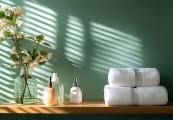 A stack of clean towels on a table with skincare and plants in vase