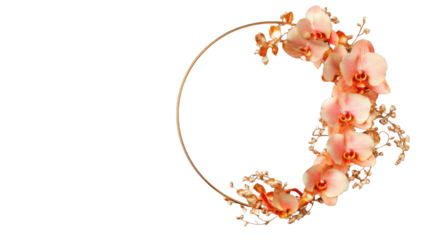 Elegant golden round frame with peach orchids and golden decorative branches on transparent background