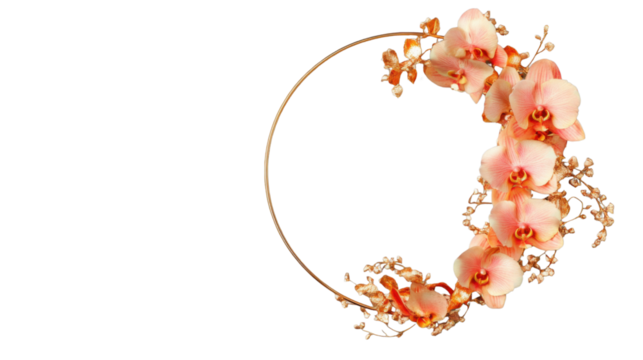 Elegant golden round frame with peach orchids and golden decorative branches on transparent background